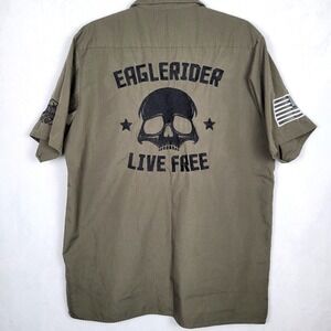 EagleRider‎ Motorcycle Punisher Skull Shirt Men XL Army Green Short Sleeve Patch